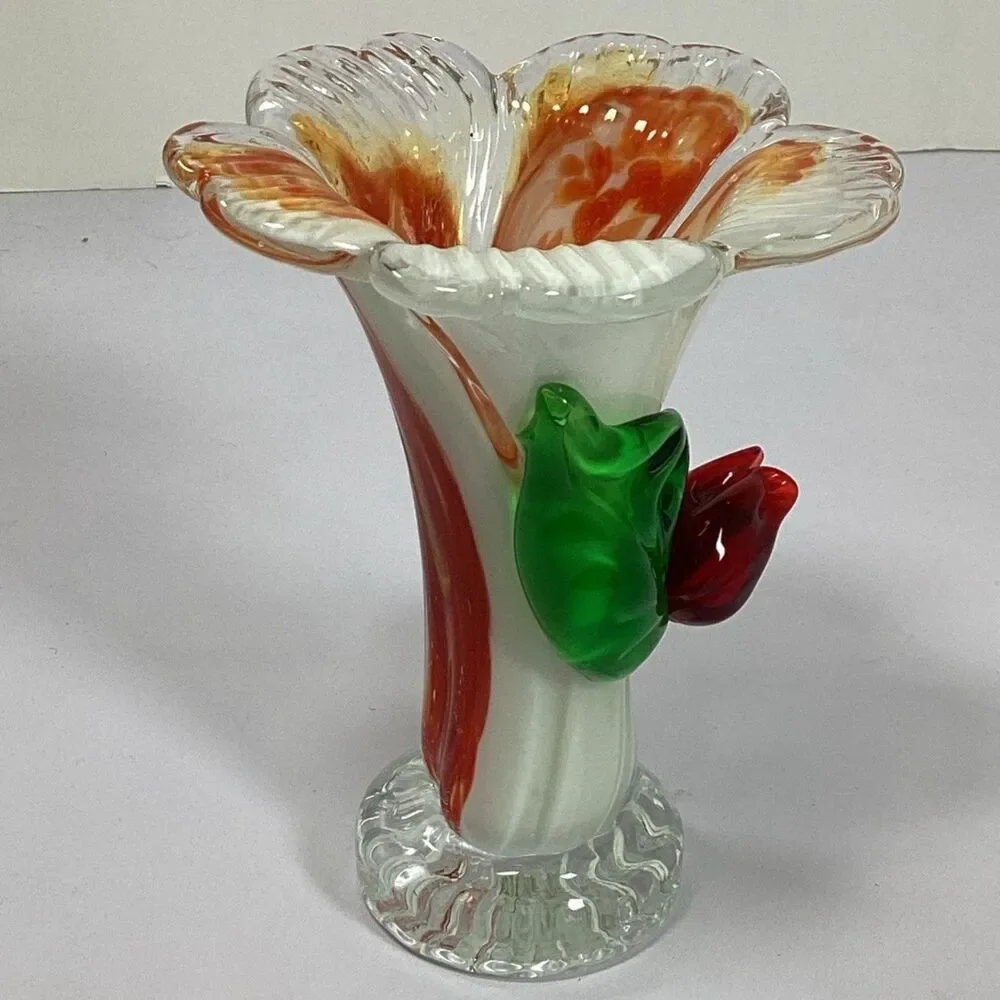 Hand Blown Art Glass Vase Orange White Swirl Ruffled MCM Decor